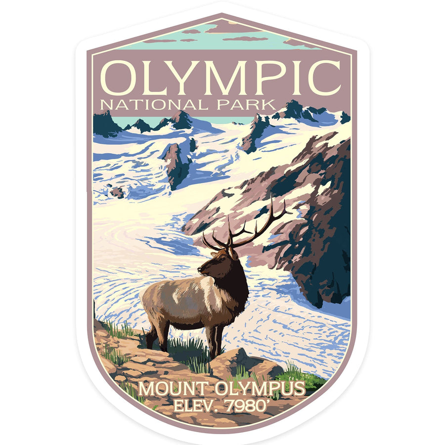 Olympic National Park, Washington, Mt. Olympus and Elk, Contour, Vinyl Sticker Sticker Lantern Press