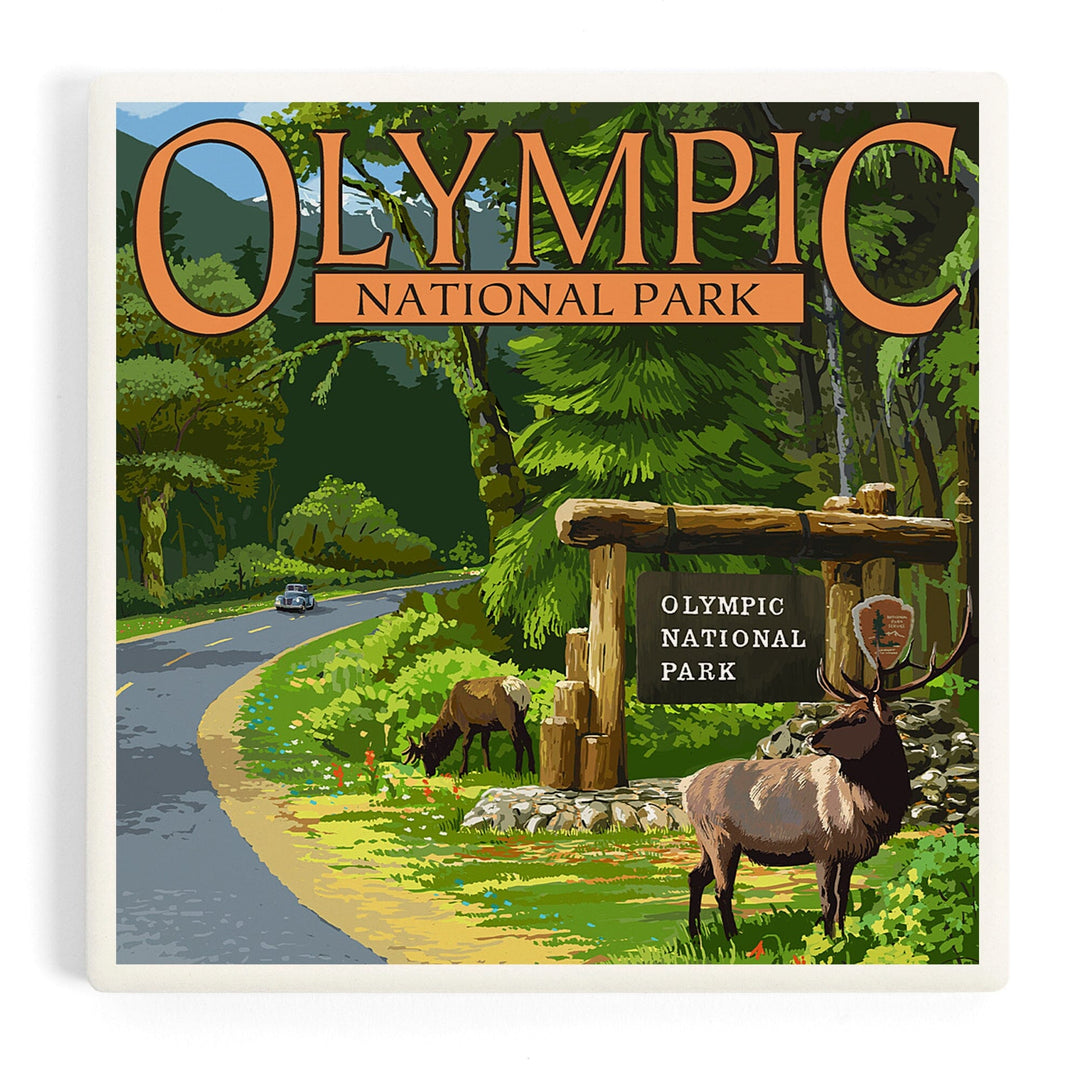 Olympic National Park, Washington, Park Entrance and Elk, Coasters Coasters Lantern Press