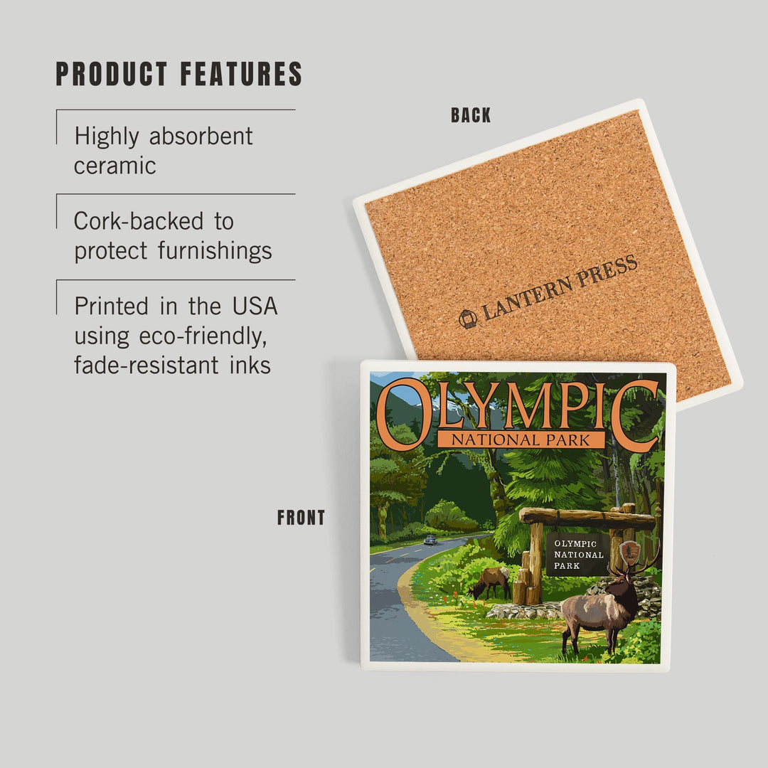 Olympic National Park, Washington, Park Entrance and Elk, Coasters Coasters Lantern Press