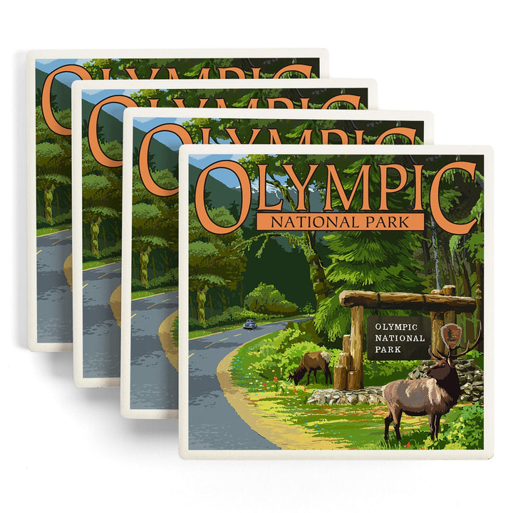 Olympic National Park, Washington, Park Entrance and Elk, Coasters Coasters Lantern Press