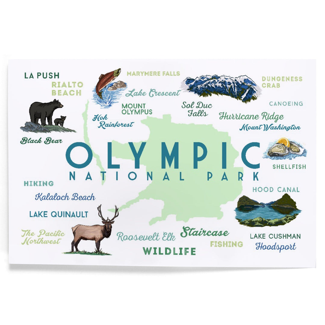 Olympic National Park, Washington, Typography and Icons, Art & Giclee Prints Art Lantern Press 12 x 18 Art Print