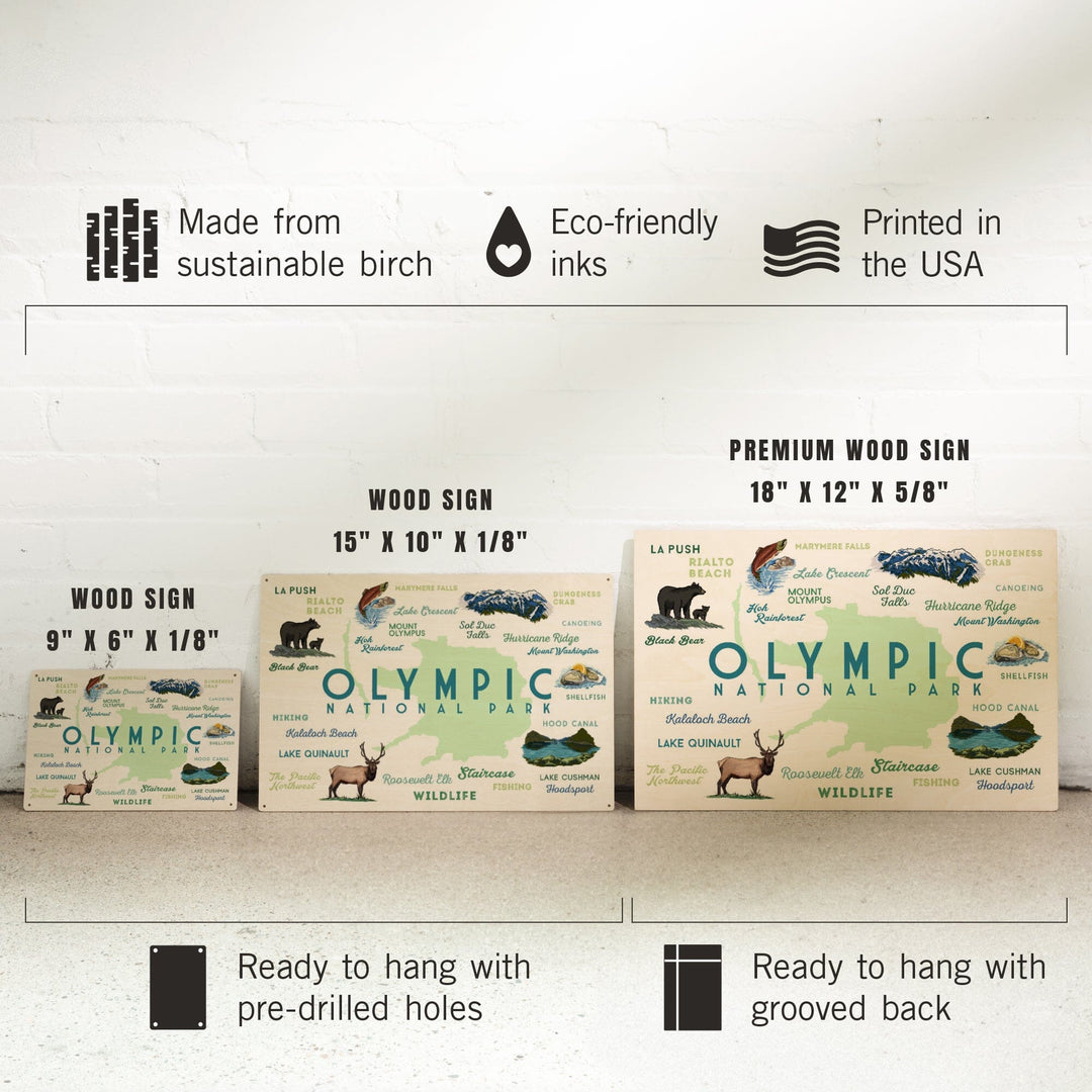 Olympic National Park, Washington, Typography and Icons, Wood Signs and Postcards Wood Lantern Press