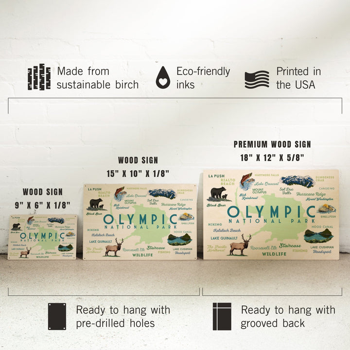 Olympic National Park, Washington, Typography and Icons, Wood Signs and Postcards Wood Lantern Press