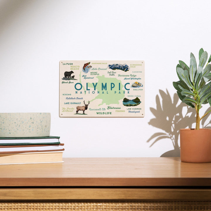 Olympic National Park, Washington, Typography and Icons, Wood Signs and Postcards Wood Lantern Press