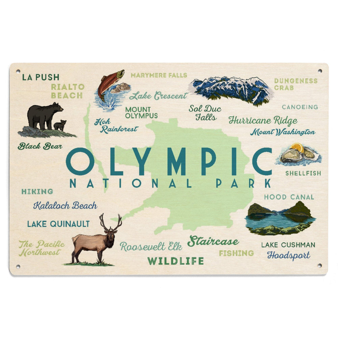Olympic National Park, Washington, Typography and Icons, Wood Signs and Postcards Wood Lantern Press