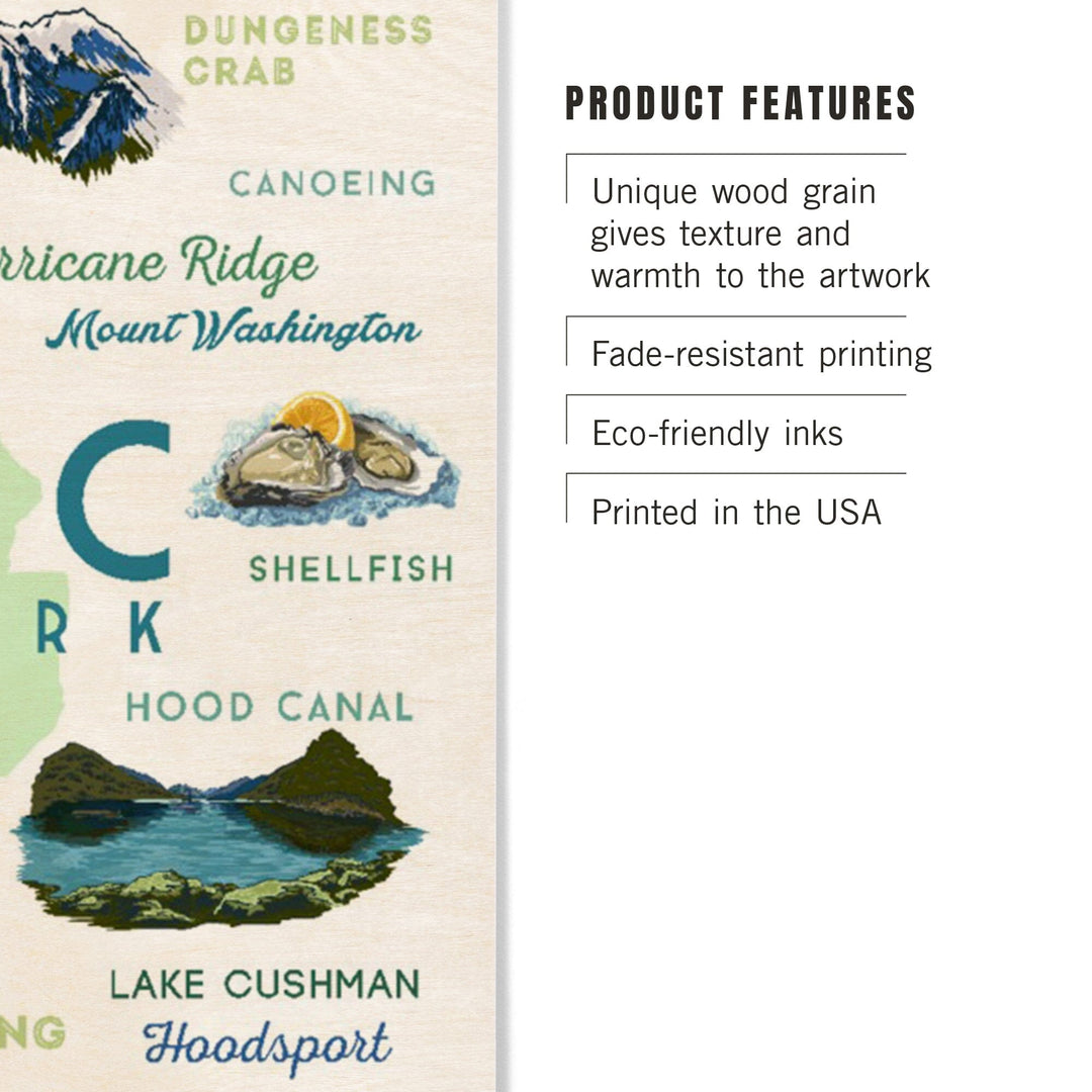 Olympic National Park, Washington, Typography and Icons, Wood Signs and Postcards Wood Lantern Press
