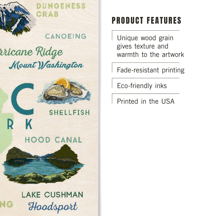 Olympic National Park, Washington, Typography and Icons, Wood Signs and Postcards Wood Lantern Press