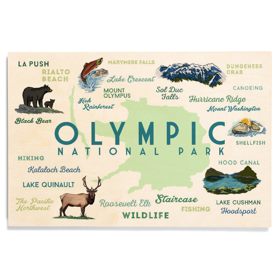 Olympic National Park, Washington, Typography and Icons, Wood Signs and Postcards Wood Lantern Press