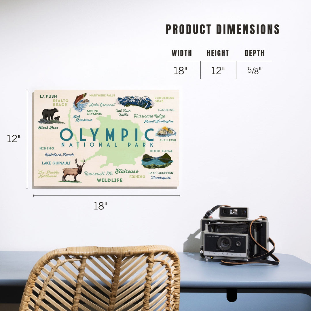 Olympic National Park, Washington, Typography and Icons, Wood Signs and Postcards Wood Lantern Press