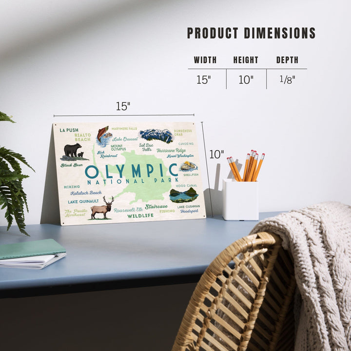 Olympic National Park, Washington, Typography and Icons, Wood Signs and Postcards Wood Lantern Press