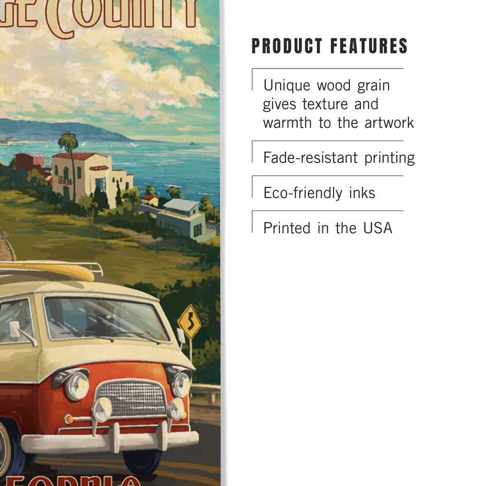 Orange County, California, Camper Van, Lantern Press Artwork, Wood Signs and Postcards Wood Lantern Press