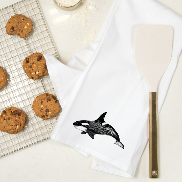 Orca and Seattle Skyline, Double Exposure, Organic Cotton Kitchen Tea Towels Kitchen Lantern Press