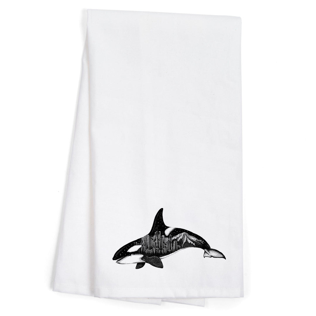 Orca and Seattle Skyline, Double Exposure, Organic Cotton Kitchen Tea Towels Kitchen Lantern Press