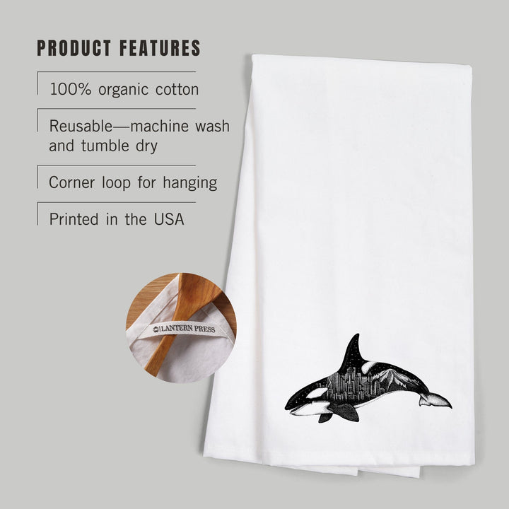 Orca and Seattle Skyline, Double Exposure, Organic Cotton Kitchen Tea Towels Kitchen Lantern Press