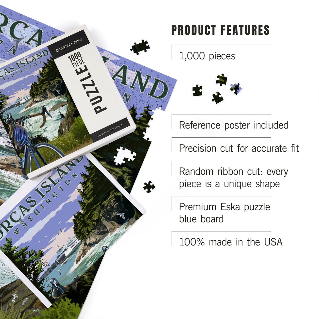 Orcas Island, Washington, Coastal Scene, Bike and Ferry, Jigsaw Puzzle Puzzle Lantern Press