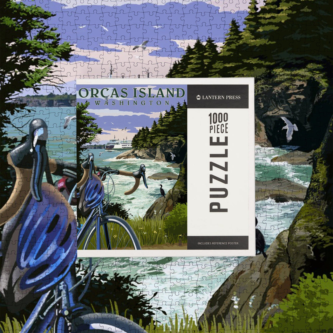 Orcas Island, Washington, Coastal Scene, Bike and Ferry, Jigsaw Puzzle Puzzle Lantern Press
