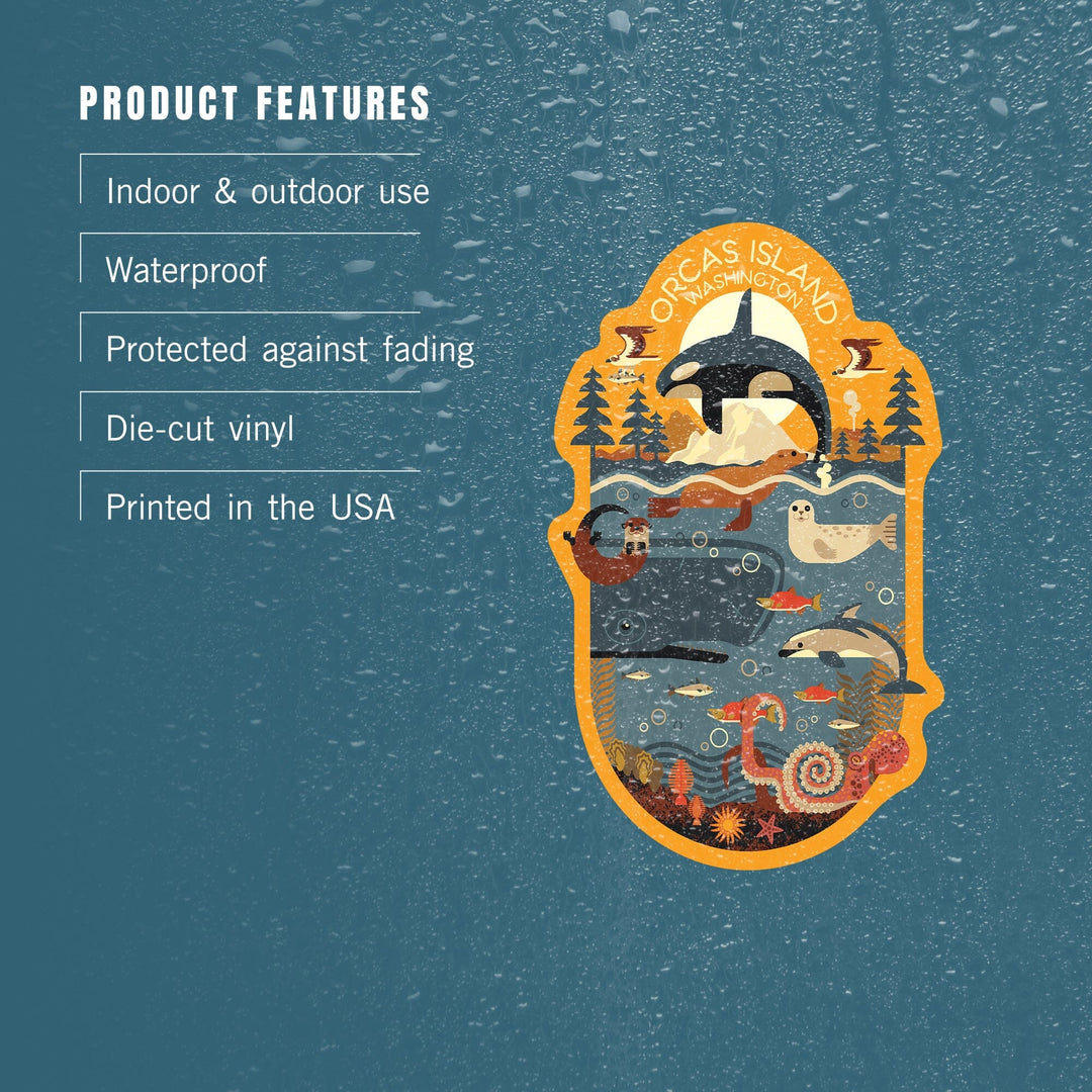 Orcas Island, Washington, Marine Animals, Geometric, Contour, Lantern Press Artwork, Vinyl Sticker Sticker Lantern Press