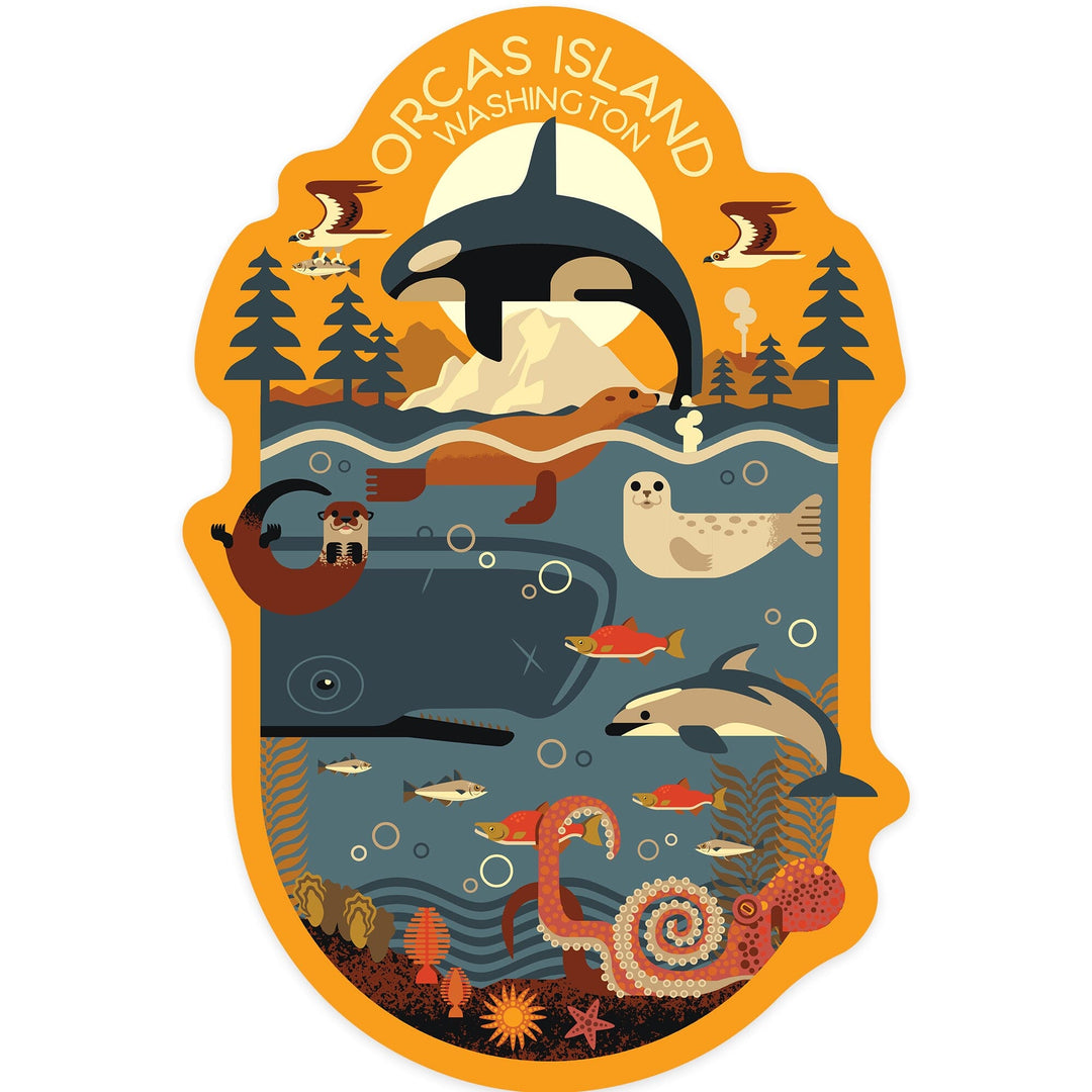 Orcas Island, Washington, Marine Animals, Geometric, Contour, Lantern Press Artwork, Vinyl Sticker Sticker Lantern Press