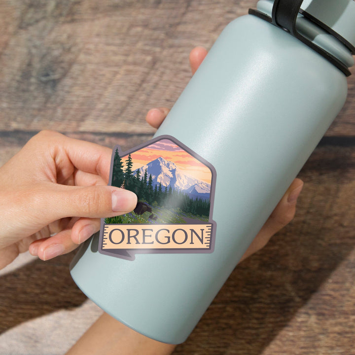 Oregon, Bear, Mountain & Spring Flowers, Contour, Lantern Press Artwork, Vinyl Sticker Sticker Lantern Press