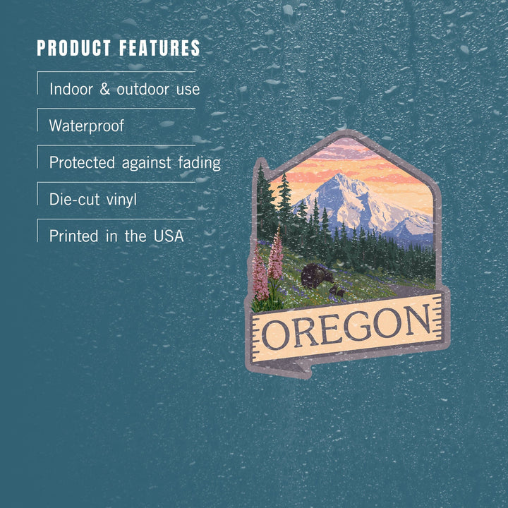 Oregon, Bear, Mountain & Spring Flowers, Contour, Lantern Press Artwork, Vinyl Sticker Sticker Lantern Press