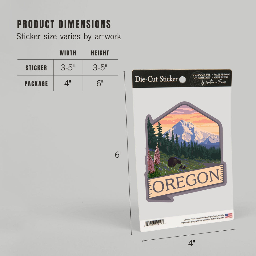 Oregon, Bear, Mountain & Spring Flowers, Contour, Lantern Press Artwork, Vinyl Sticker Sticker Lantern Press