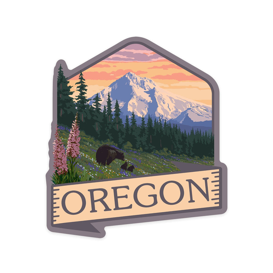 Oregon, Bear, Mountain & Spring Flowers, Contour, Lantern Press Artwork, Vinyl Sticker Sticker Lantern Press
