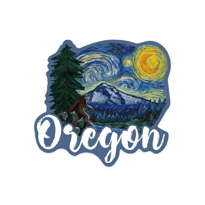 Oregon, Bigfoot, Starry Night, Contour, Lantern Press Artwork, Vinyl Sticker Sticker Lantern Press