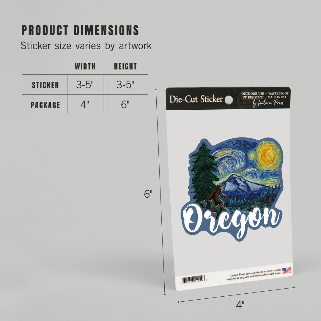 Oregon, Bigfoot, Starry Night, Contour, Lantern Press Artwork, Vinyl Sticker Sticker Lantern Press