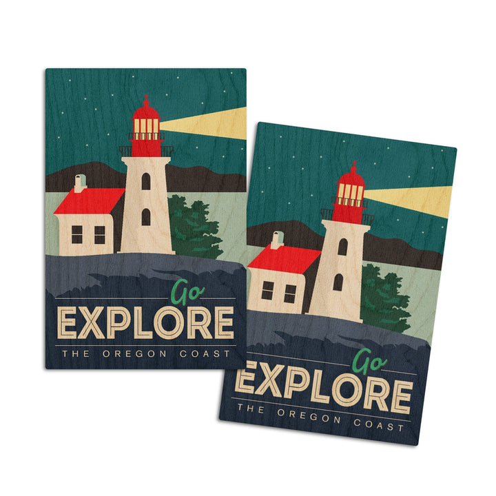 Oregon Coast, Go Explore (Lighthouse), Lantern Press Artwork, Wood Signs and Postcards Wood Lantern Press 4x6 Wood Postcard Set