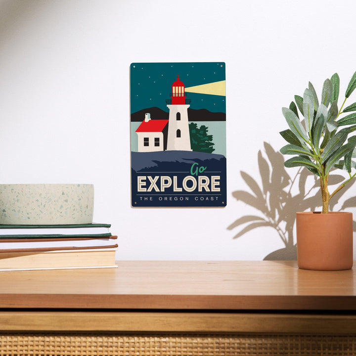 Oregon Coast, Go Explore (Lighthouse), Lantern Press Artwork, Wood Signs and Postcards Wood Lantern Press