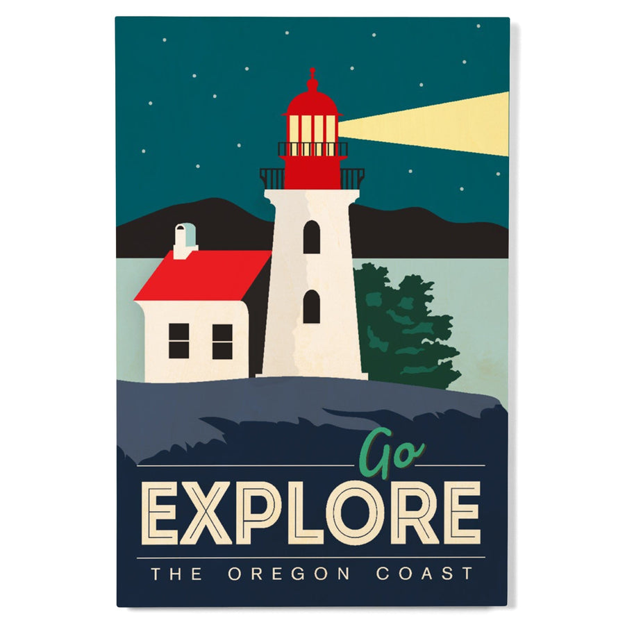 Oregon Coast, Go Explore (Lighthouse), Lantern Press Artwork, Wood Signs and Postcards Wood Lantern Press