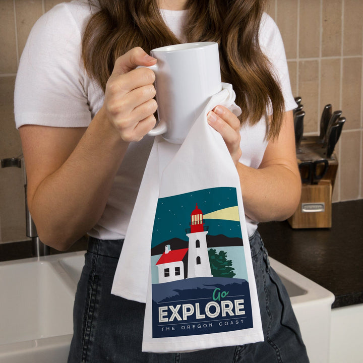 Oregon Coast, Go Explore (Lighthouse), Organic Cotton Kitchen Tea Towels Kitchen Lantern Press