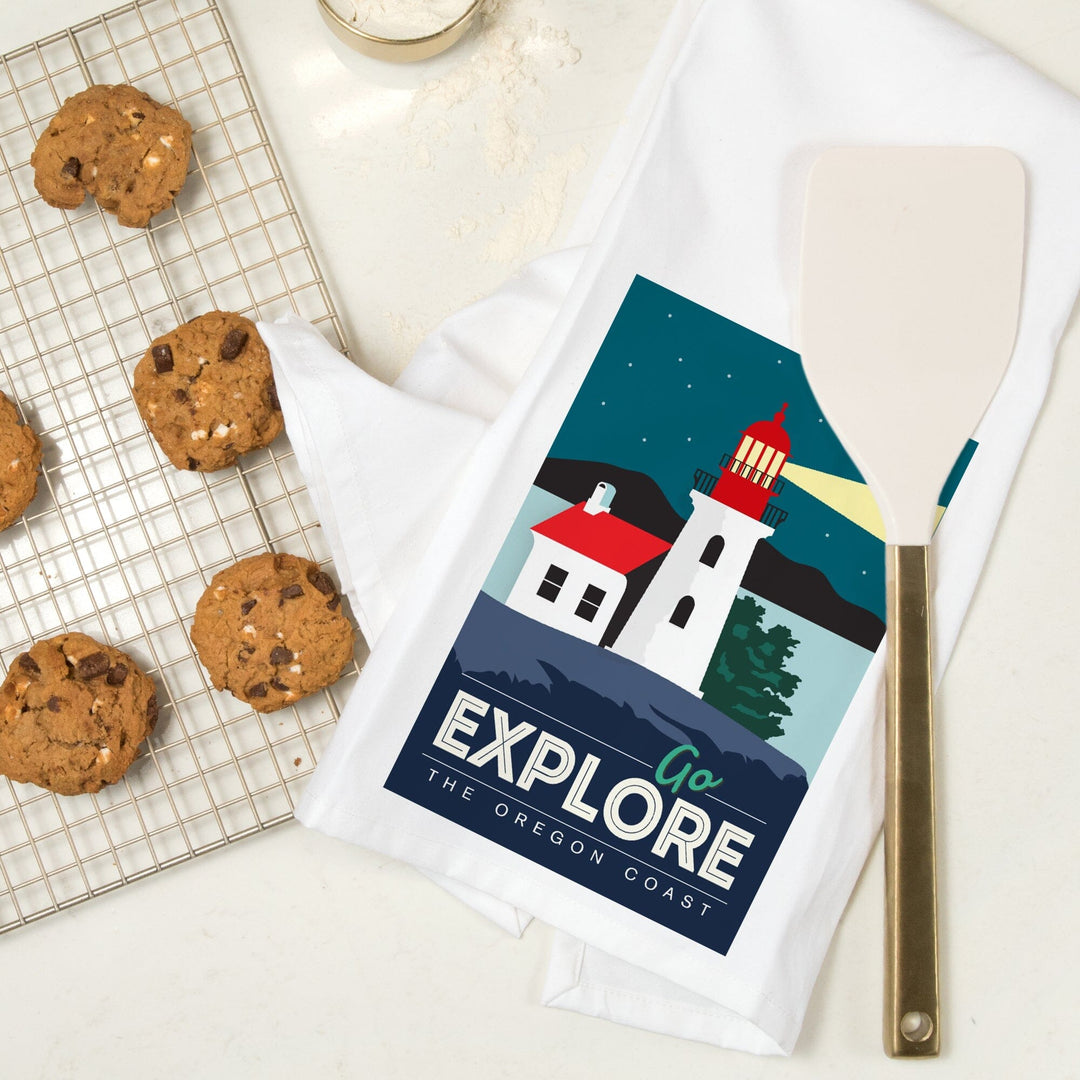 Oregon Coast, Go Explore (Lighthouse), Organic Cotton Kitchen Tea Towels Kitchen Lantern Press