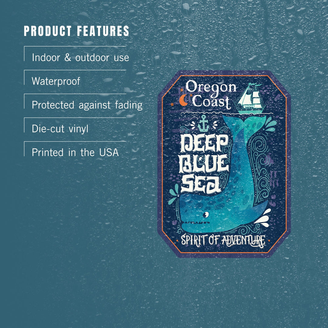 Oregon Coast, Oregon, Deep Blue Sea, Spirit of Adventure, Contour, Lantern Press Artwork, Vinyl Sticker Sticker Lantern Press