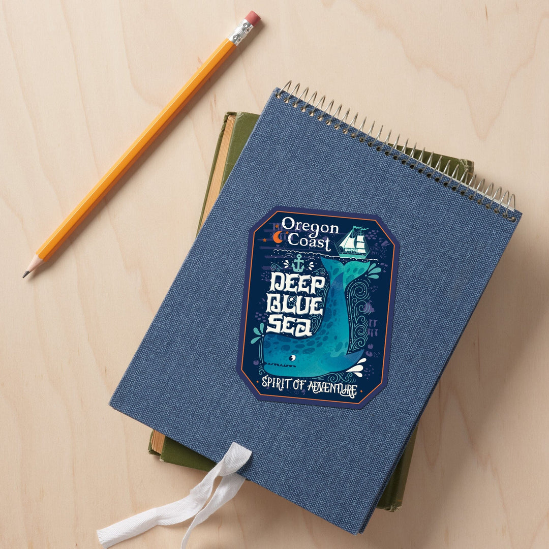 Oregon Coast, Oregon, Deep Blue Sea, Spirit of Adventure, Contour, Lantern Press Artwork, Vinyl Sticker Sticker Lantern Press