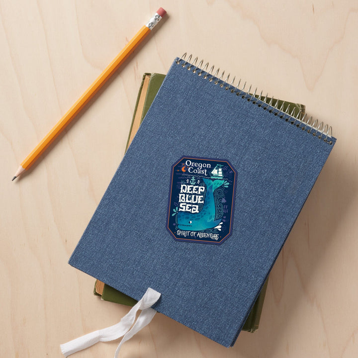 Oregon Coast, Oregon, Deep Blue Sea, Spirit of Adventure, Contour, Lantern Press Artwork, Vinyl Sticker Sticker Lantern Press