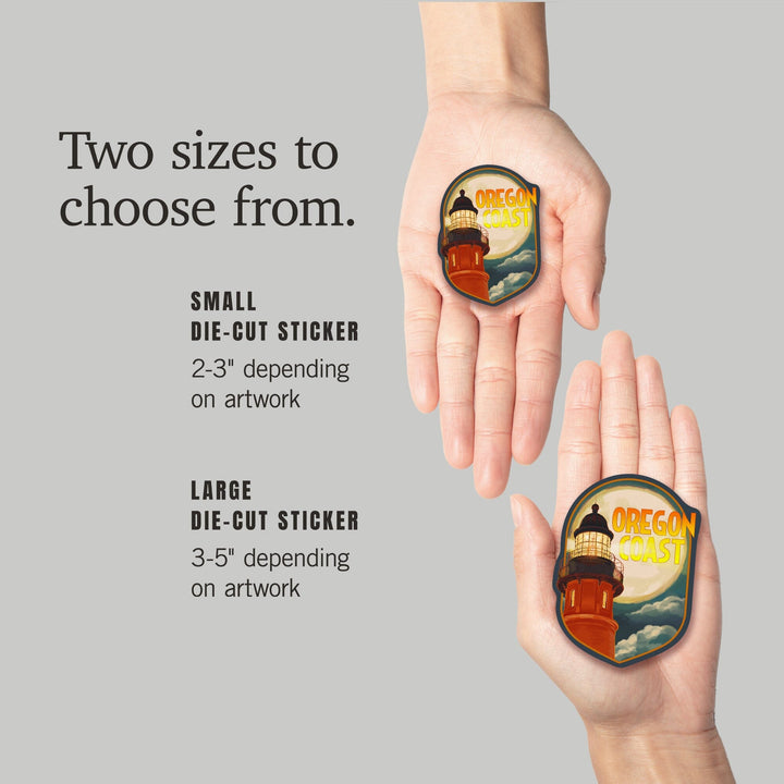 Oregon Coast, Oregon, Lighthouse & Moon, Contour, Lantern Press Artwork, Vinyl Sticker Sticker Lantern Press