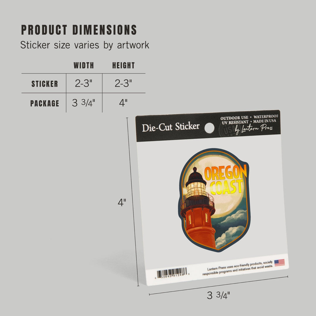 Oregon Coast, Oregon, Lighthouse & Moon, Contour, Lantern Press Artwork, Vinyl Sticker Sticker Lantern Press