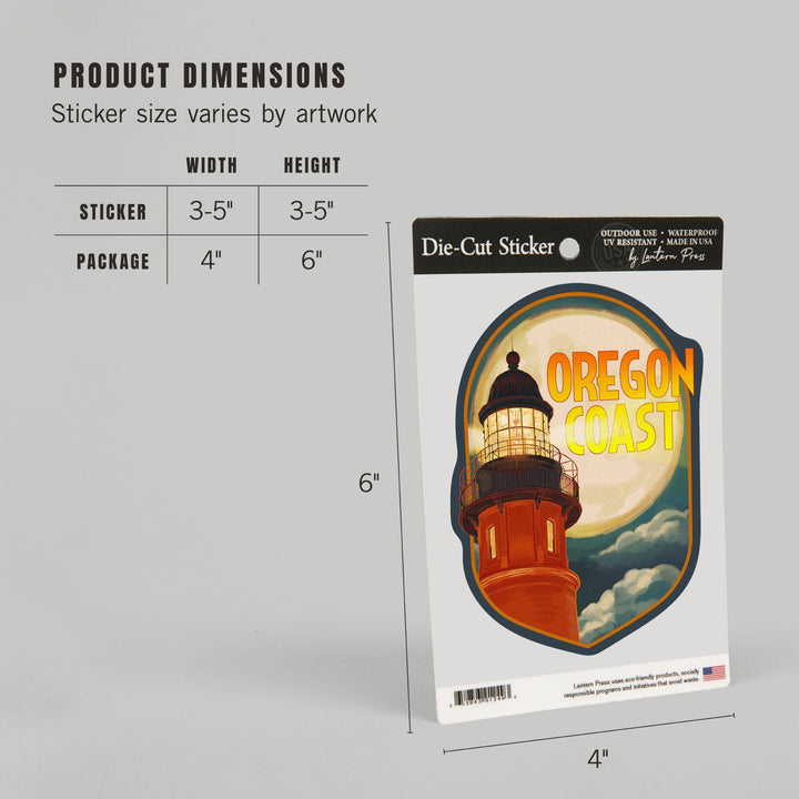 Oregon Coast, Oregon, Lighthouse & Moon, Contour, Lantern Press Artwork, Vinyl Sticker Sticker Lantern Press