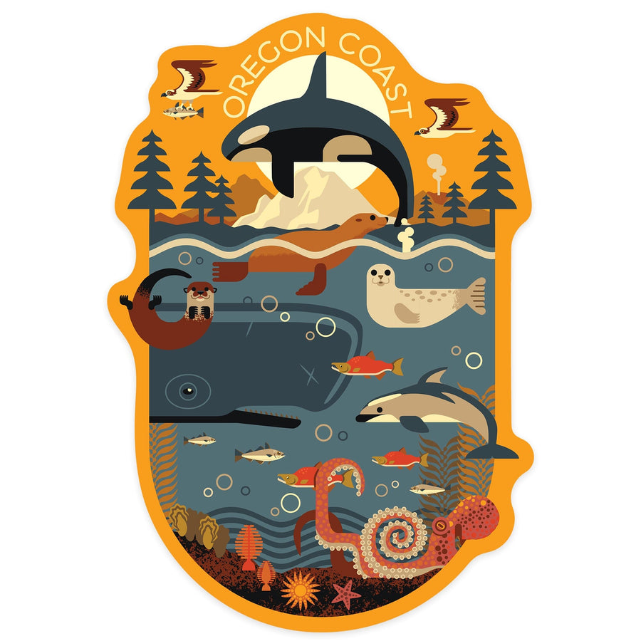 Oregon Coast, Oregon, Marine Animals, Geometric, Contour, Lantern Press Artwork, Vinyl Sticker Sticker Lantern Press