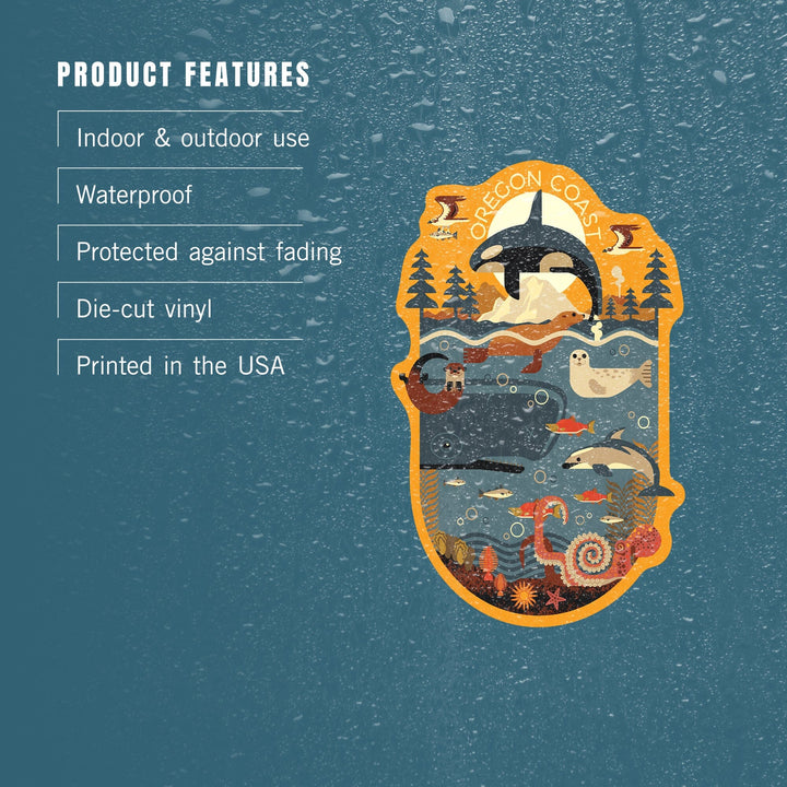 Oregon Coast, Oregon, Marine Animals, Geometric, Contour, Lantern Press Artwork, Vinyl Sticker Sticker Lantern Press