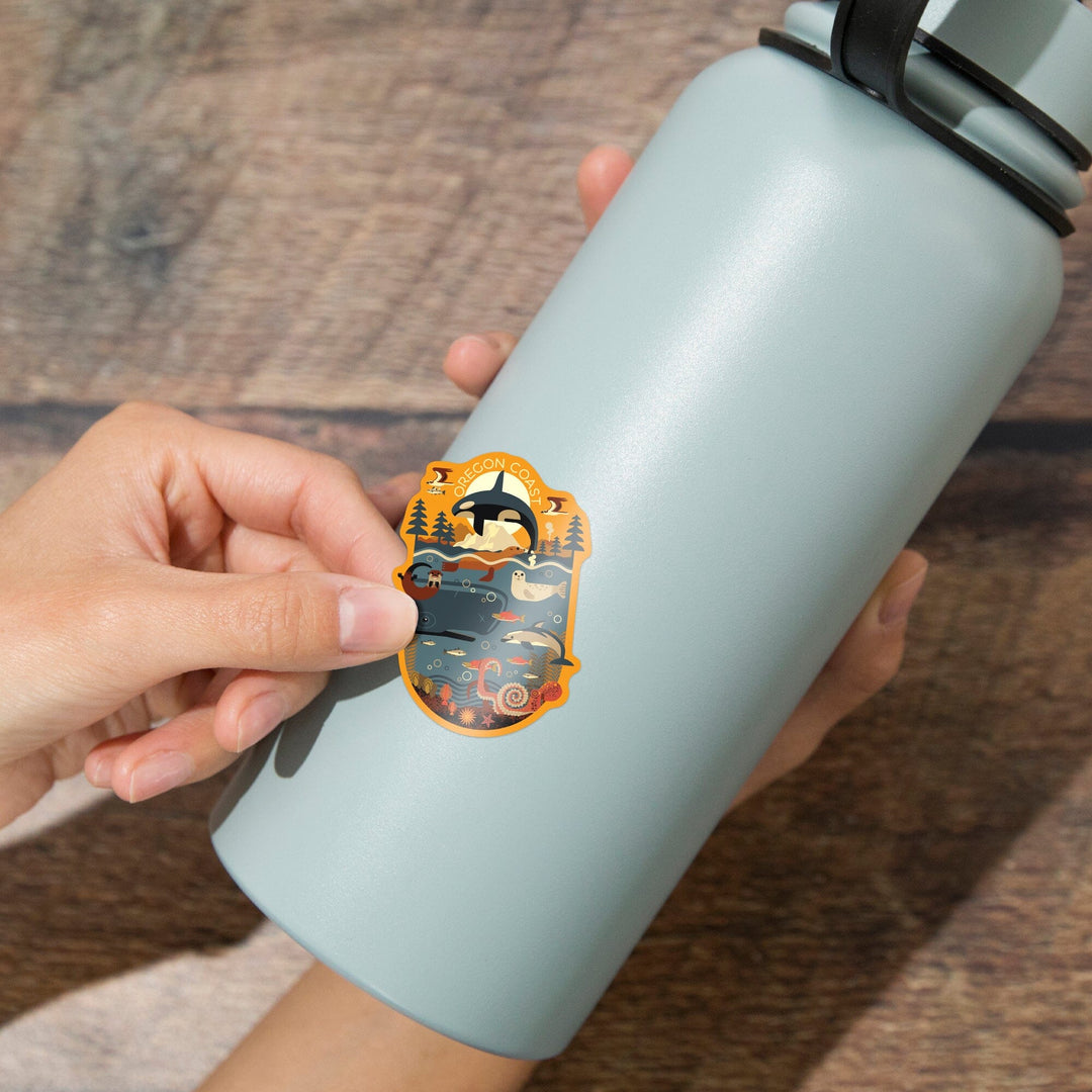Oregon Coast, Oregon, Marine Animals, Geometric, Contour, Lantern Press Artwork, Vinyl Sticker Sticker Lantern Press