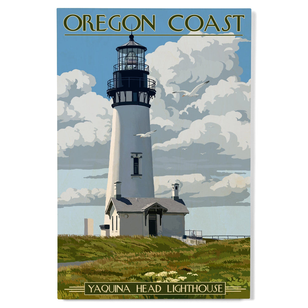 Oregon Coast, Yaquina Head Lighthouse, Lantern Press Artwork, Wood Signs and Postcards Wood Lantern Press