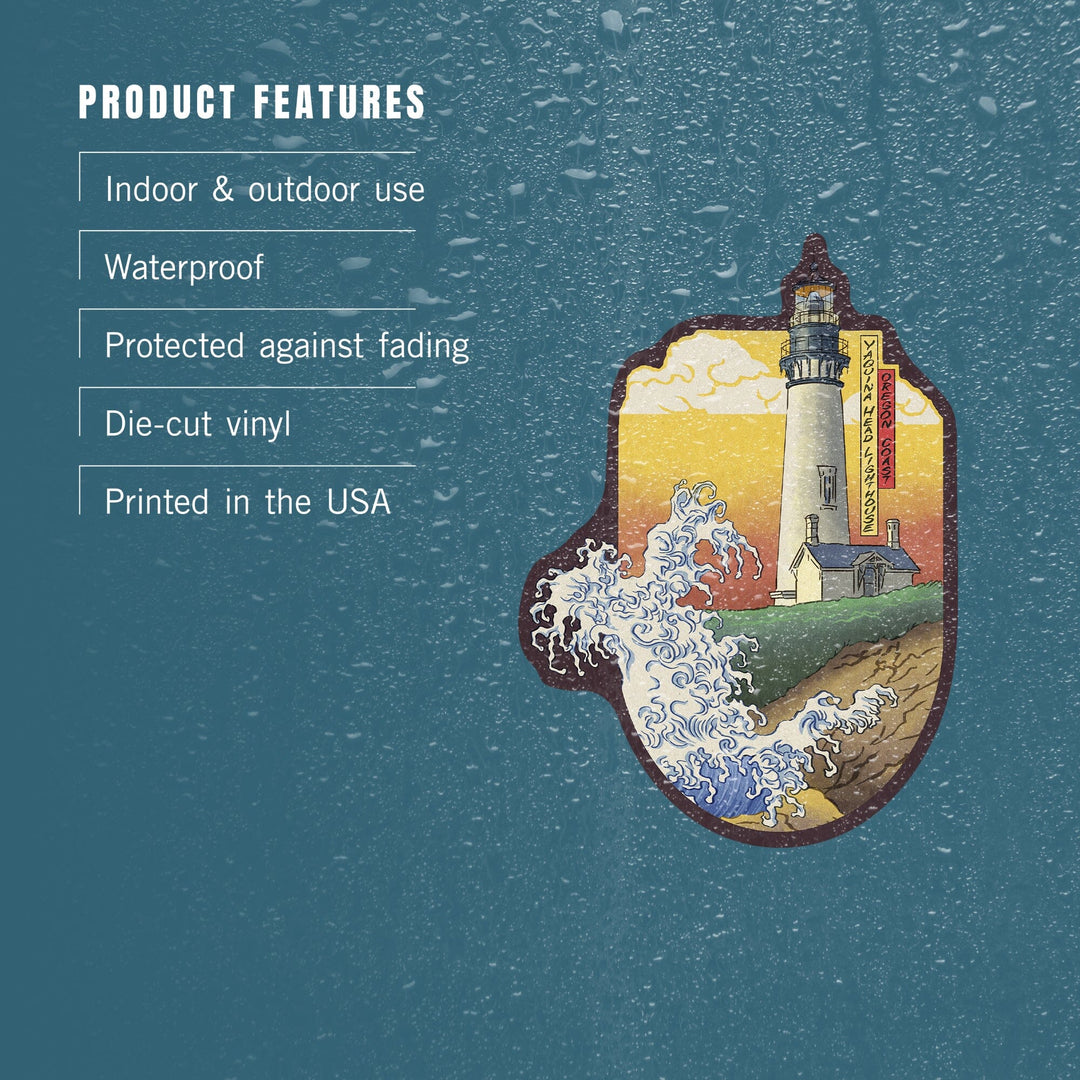 Oregon Coast, Yaquina Head Lighthouse, Woodblock Print, Contour, Lantern Press Artwork, Vinyl Sticker Sticker Lantern Press