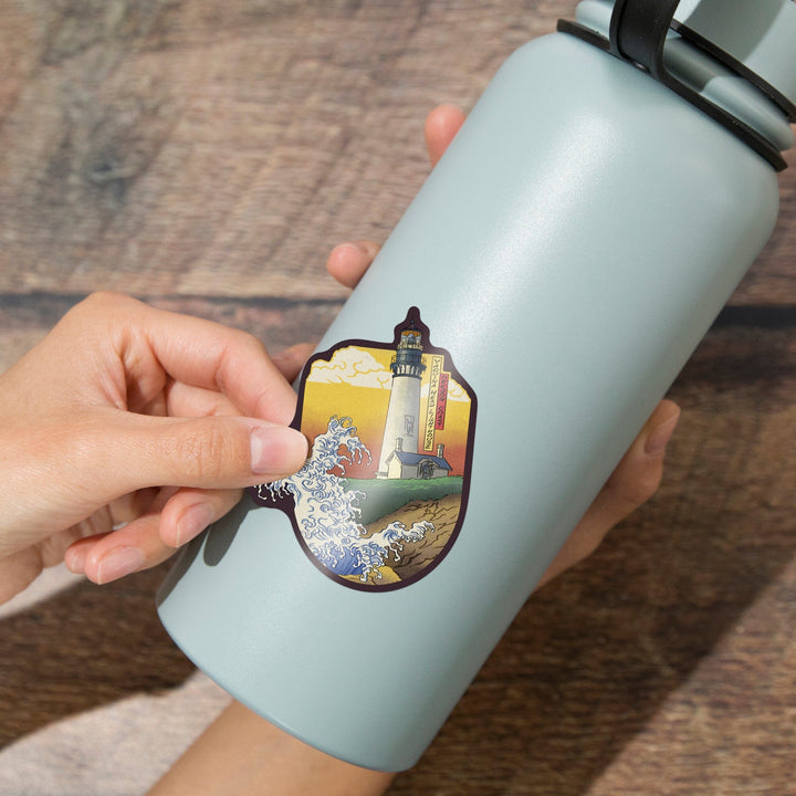 Oregon Coast, Yaquina Head Lighthouse, Woodblock Print, Contour, Lantern Press Artwork, Vinyl Sticker Sticker Lantern Press