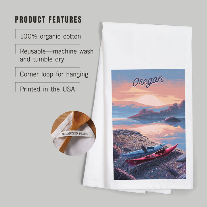Oregon, Glassy Sunrise, Kayak, Organic Cotton Kitchen Tea Towels Kitchen Lantern Press