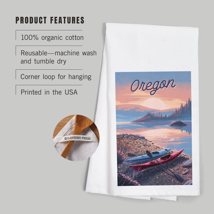 Oregon, Glassy Sunrise, Kayak, Organic Cotton Kitchen Tea Towels Kitchen Lantern Press
