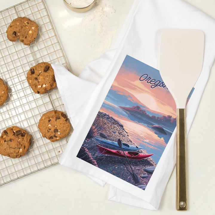 Oregon, Glassy Sunrise, Kayak, Organic Cotton Kitchen Tea Towels Kitchen Lantern Press