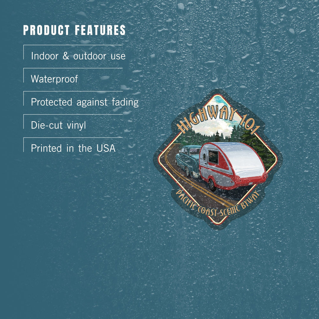 Oregon, Highway 101, Pacific Coast Scenic Byway, Retro Camper, Contour, Lantern Press Artwork, Vinyl Sticker Sticker Lantern Press