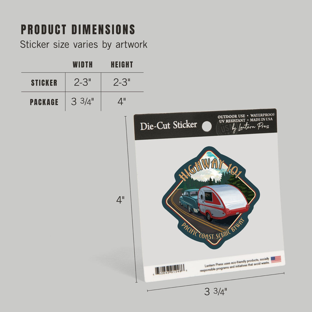 Oregon, Highway 101, Pacific Coast Scenic Byway, Retro Camper, Contour, Lantern Press Artwork, Vinyl Sticker Sticker Lantern Press